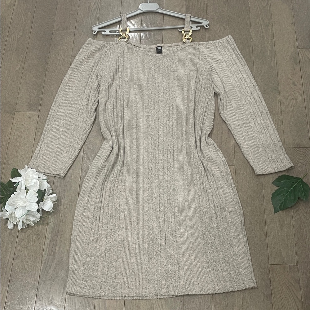SHEIN Cream Off Shoulder Long Sleeve Knit Midi Dress Gold Accents Plus 3XL